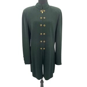 St John Collection Marie Gray Green Knit Longline Zip Jacket Gold Buttons Sz 12